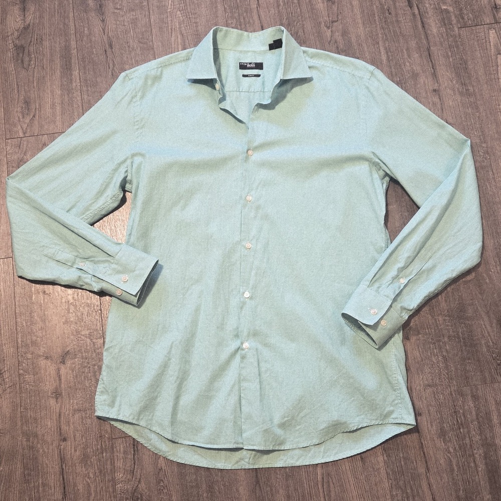 Boss Hugo Boss Green Micro Check 43/17 (fits XL) Button Down Men's Dress Shirt